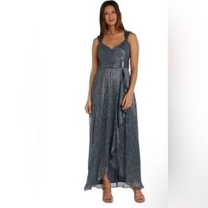 R&M Richards Gray Blue Sweetheart Neckline Maxi Dress Ruffle Wrap Gown